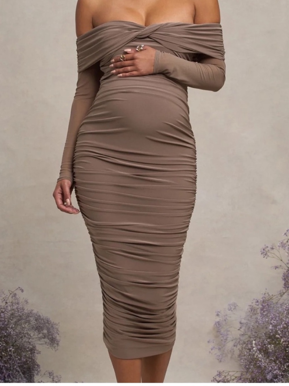 Off-Shoulder Ruched Midi Dress in Taupe Club L London Mocha maternity dress